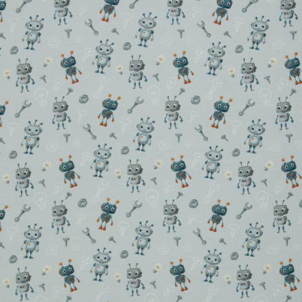 Baumwolljersey Hello Robot! Grau/grün by Swafing von Mrs. Mint Design
